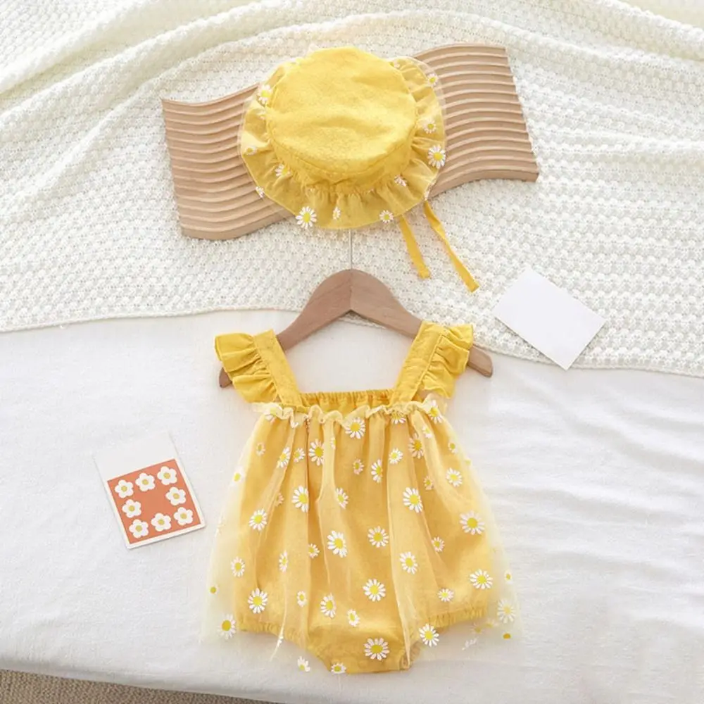 Mesh Flower Baby Princess Dress with Hat Loose Sleeveless Baby Climbing Suit Infant Romper Sweet Thin Toddle Jumpsuits Summer