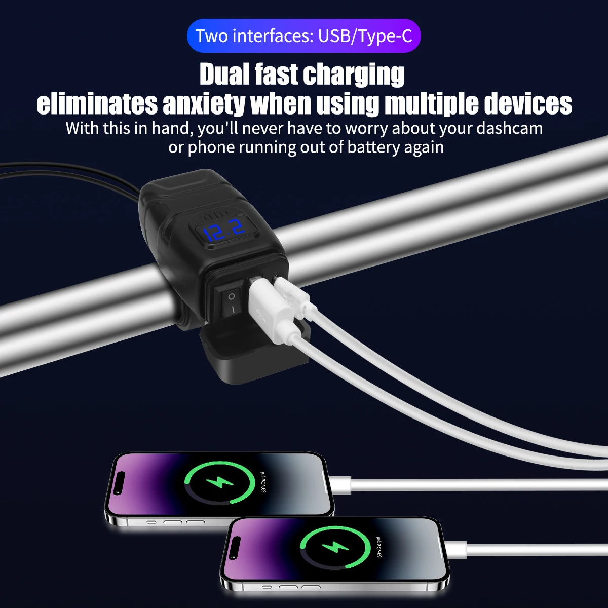 12V Motorcycle Fast Charger Dual USB Type-C Port QC3.0 Waterproof with Voltmeter Switch Handlebar Mount Power Supply Adapter