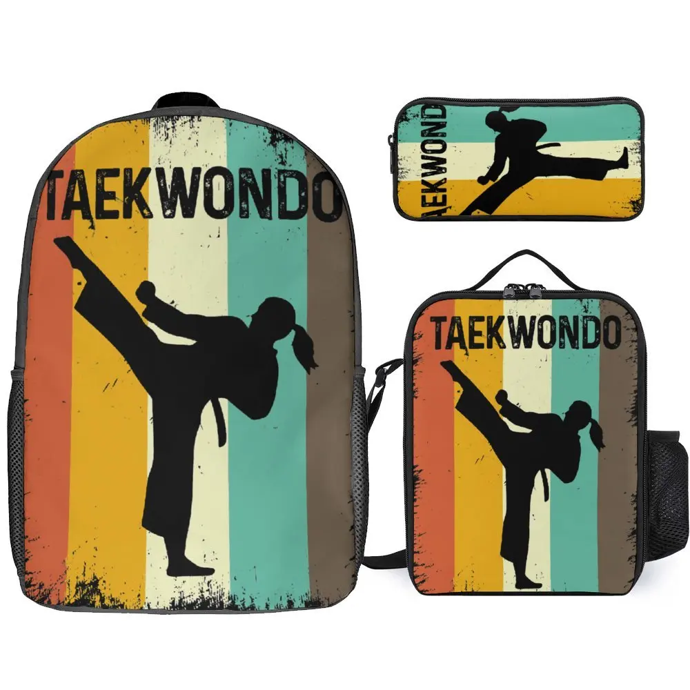 Mochila lancheira e maleta com capuz retrô vintage de Taekwondo, bolsa de viagem confortável clássica segura, conjunto 3 em 1, 17"