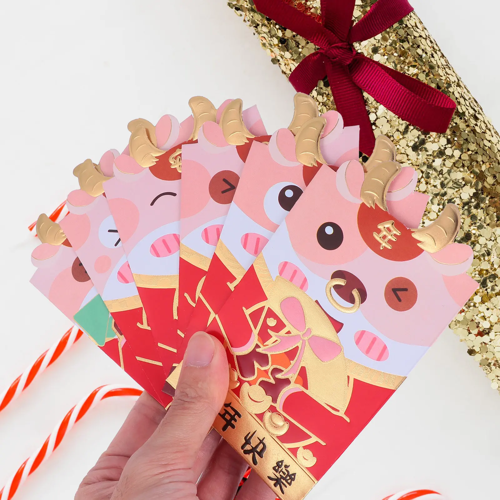 54Pcs Chinese New Year Red Envelopes Ox Pattern Cartoon Paper Red Packets Money Gift Bags Set Money Bags Packets