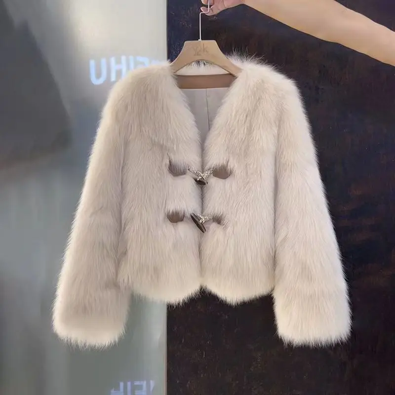 Women's 2025 Autumn and Winter New Style Spliced   V-neck Fashionable Solid Color Horn Button Fur Top Jacket