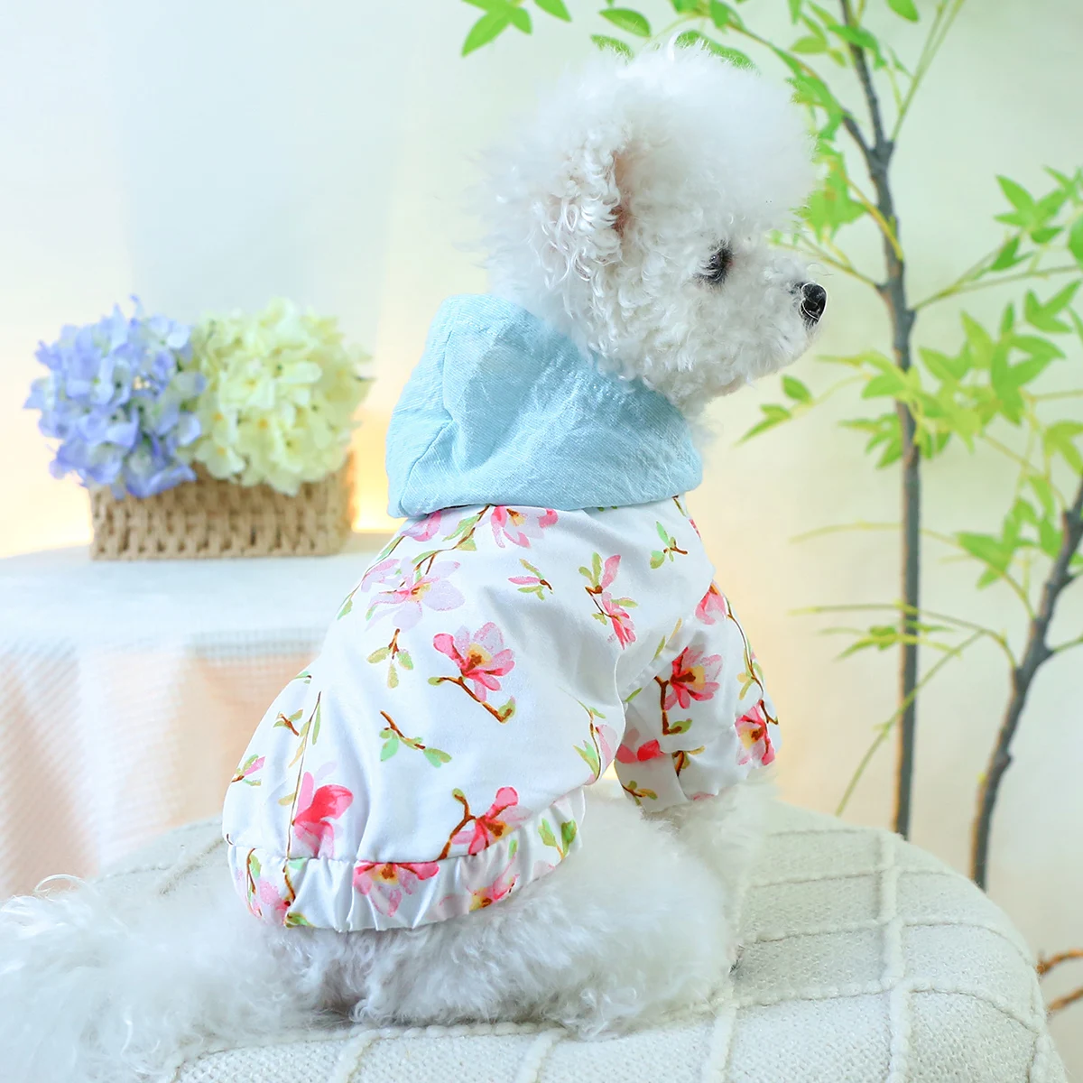 1PC Pet Clothing Cat Spring/Summer Thin Breathable Blue Hat Peach Blossom Fragmented Coat Suitable for Small and Medium Dogs