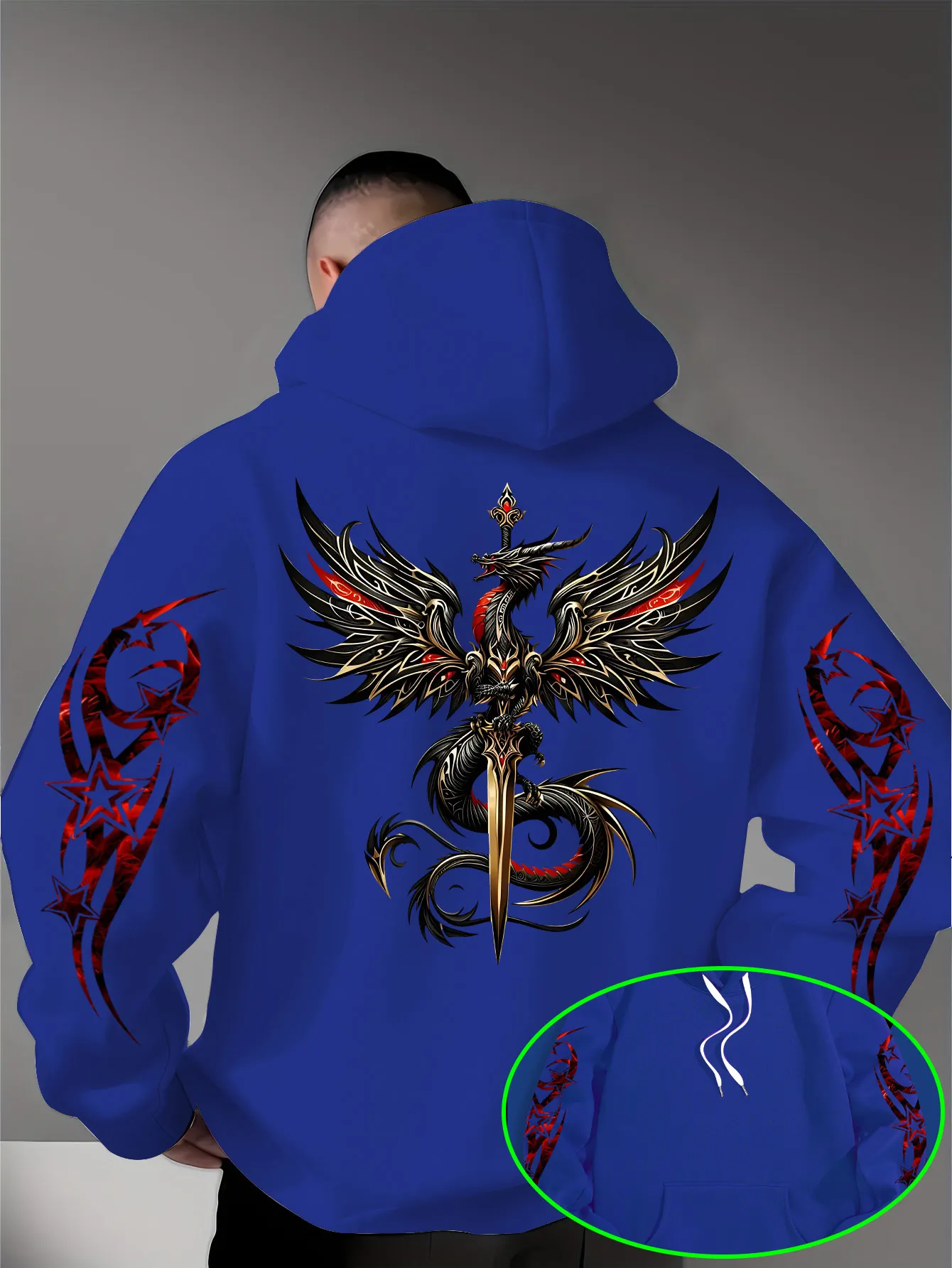 Herren Gothic Drachenschwert Hoodie Rot-Gold Drachen-Grafik Schwarzer Streetwear Pullover Sweatshirt Hip-Hop Sport Casual Top – Detail 7