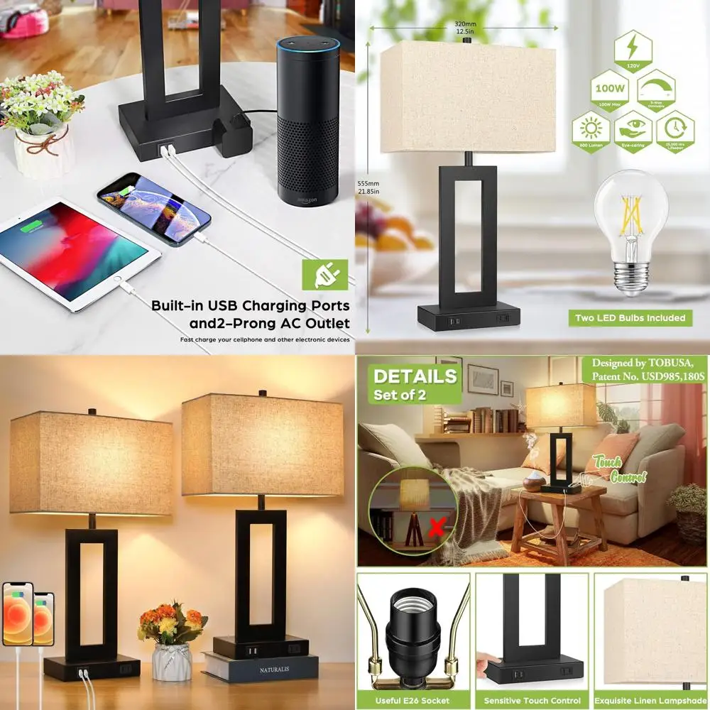 

Набор из 2 настольных ламп с сенсорным управлением и USB-портами, 3-ступенчатая регулировка яркости, тканевый абажур, идеально подходит для спальни, гостиной, чтения