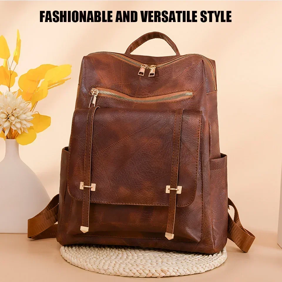 Vintage PU Leather Daypack Trendy Women\'s Backpack Brown Casual Travel Student School Bag Retro Multi Pocket Large Capacity Bag