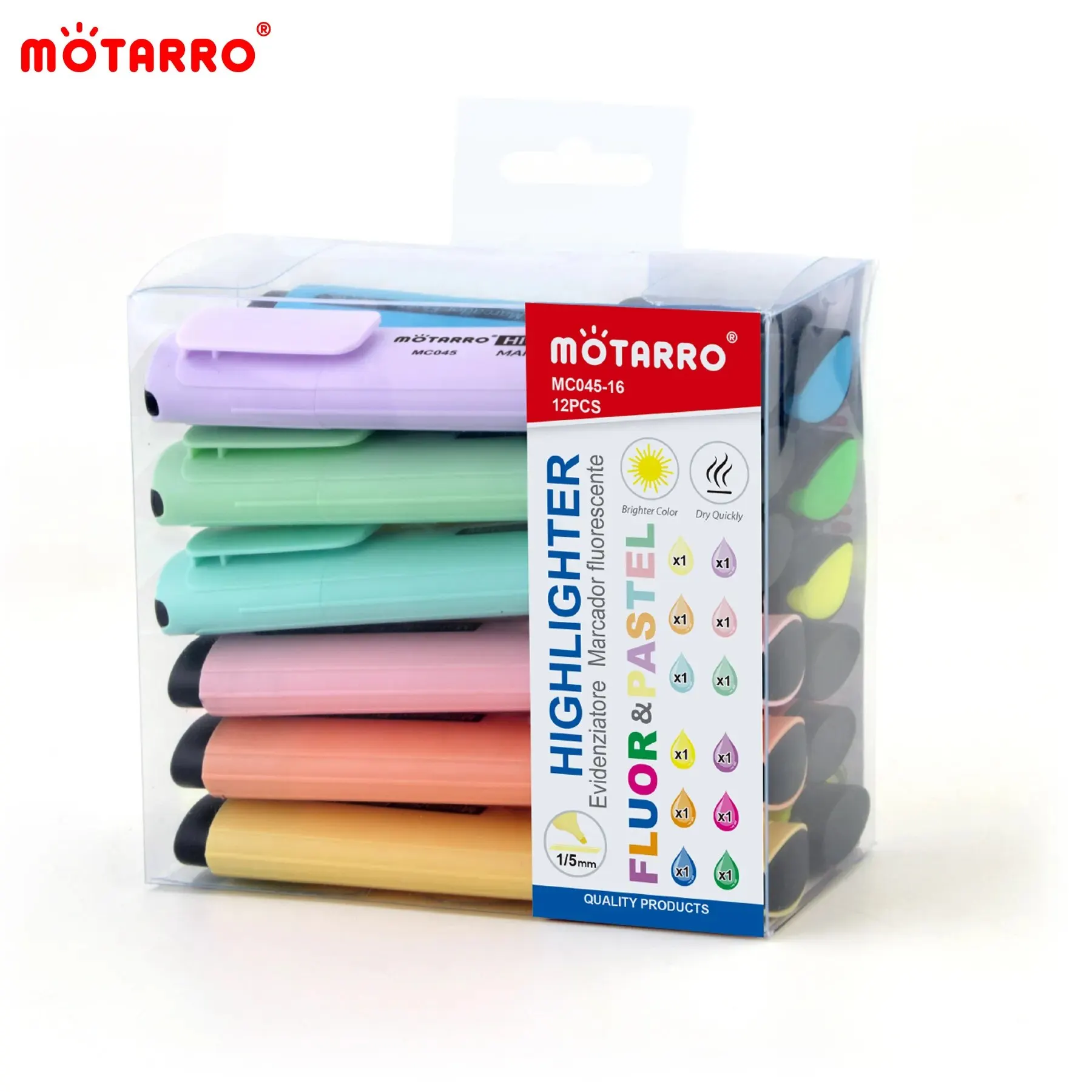 MOTARRO-rotuladores de caja de Pvc, 12 Uds., colores fluorescentes, resaltador pequeño, punta de cincel, bonito diseño Kawaii para escribir Graffiti y dibujar