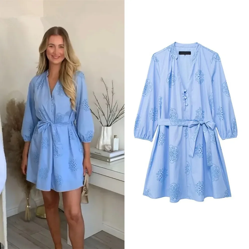 Ladies Embroidery Blue Summer Dress Women V-neck Three Quarter Mini Dress With Belt Summer Female Casual Beach Dress Female