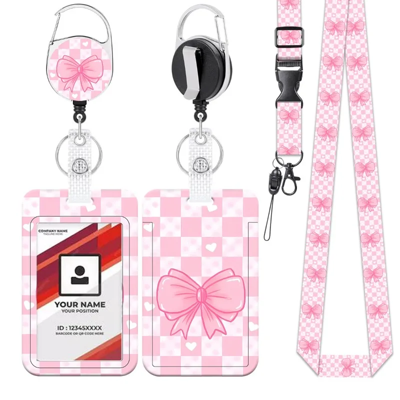 Retractable Badge Reel with Pink Bow Design UV Double-Sided ID Card Holder for Work  Adjustable Lanyard for School Office