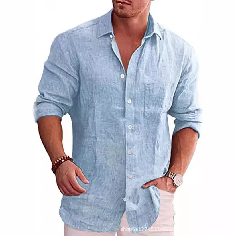 Camicia a maniche lunghe da uomo di vendita calda autunnale in lino di cotone tinta unita stile casual camicia di lino casual da uomo taglie forti
