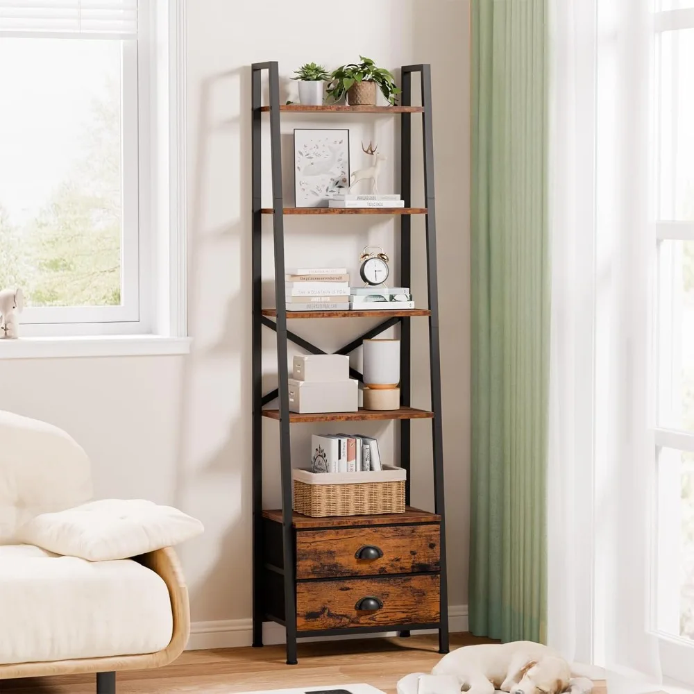 5-Tier Ladder Shelf with 2 Drawers, ndustrial Bookcase Freestanding Rack Units for Bedroom,Living Room,Bathroom, Bookcases