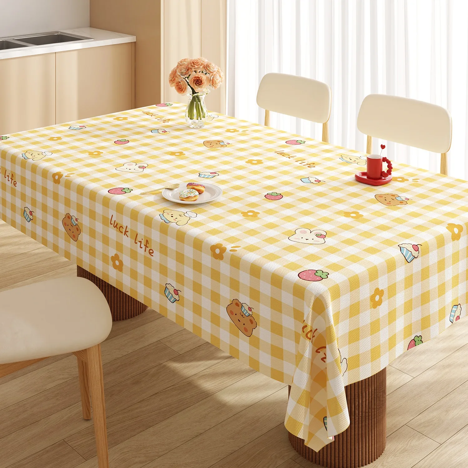 

Kawaii Yellow Gingham Tablecloth Cute Cartoon Bear Bunny Pattern Table Cover for Home Kitchen Dining Room Decor Korean Ins Style