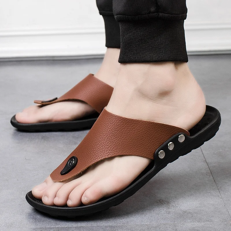 YRZL Slippers Summer Flip-Flops for Men Beach Slippers Brown Sandals Comfortable Shoes Non-Slip Bathroom Shoes Men Slides