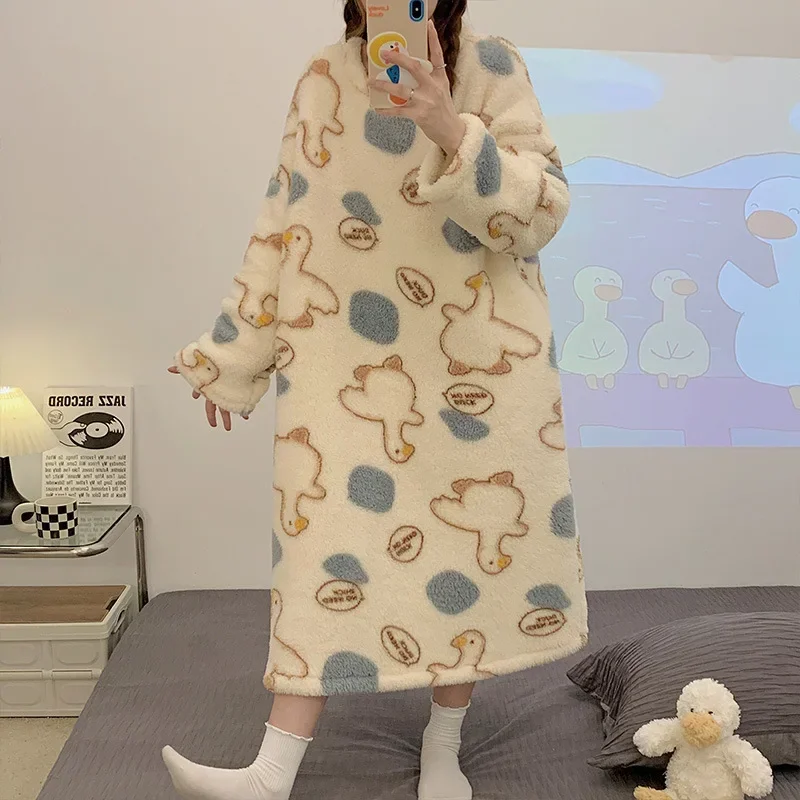 Women Flannel Dress Autumn Winter Thicken Warm Nightgowns Coral Fleece Sleepwear Casual Loose Homewear Female Cartoon Pajamas