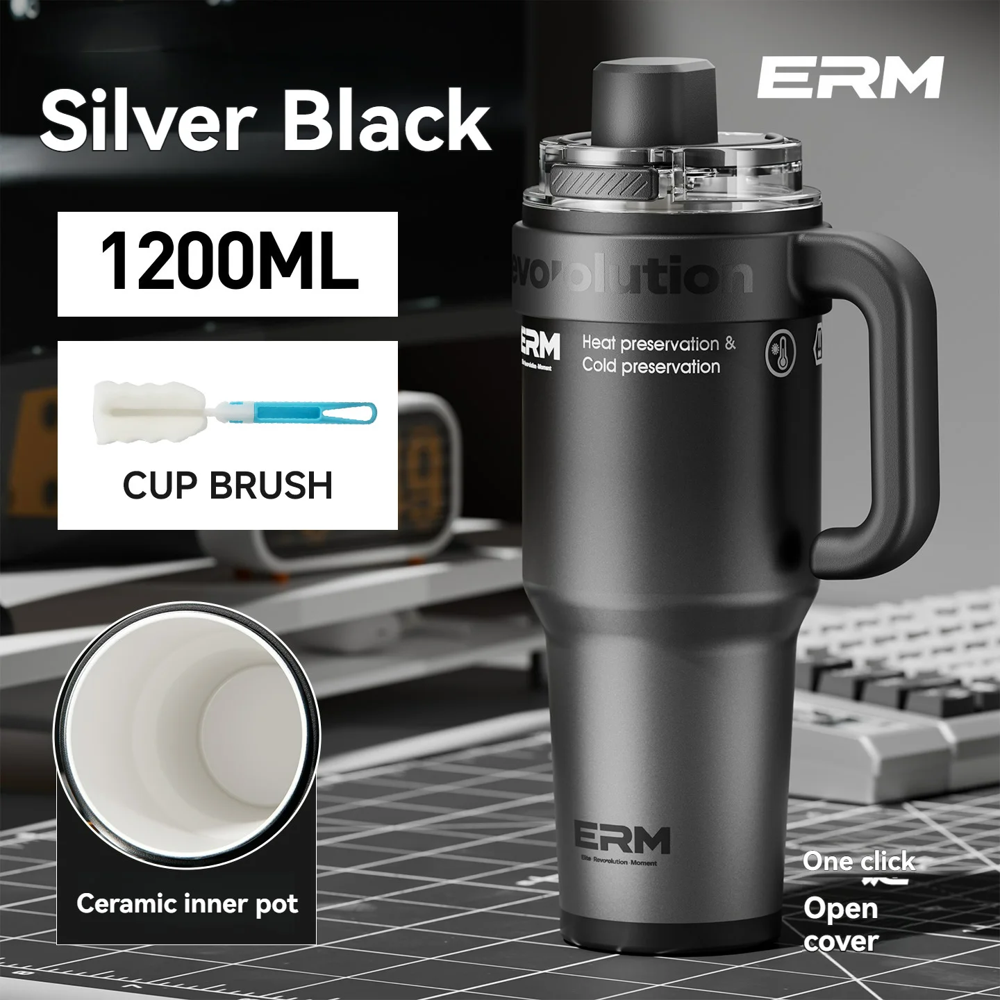1200ML Extra Großer Keramik-Trinkbecher Edelstahl-Wasserflasche Isolierte Vakuumflasche mit Strohhalm & Griff Auslaufsicher