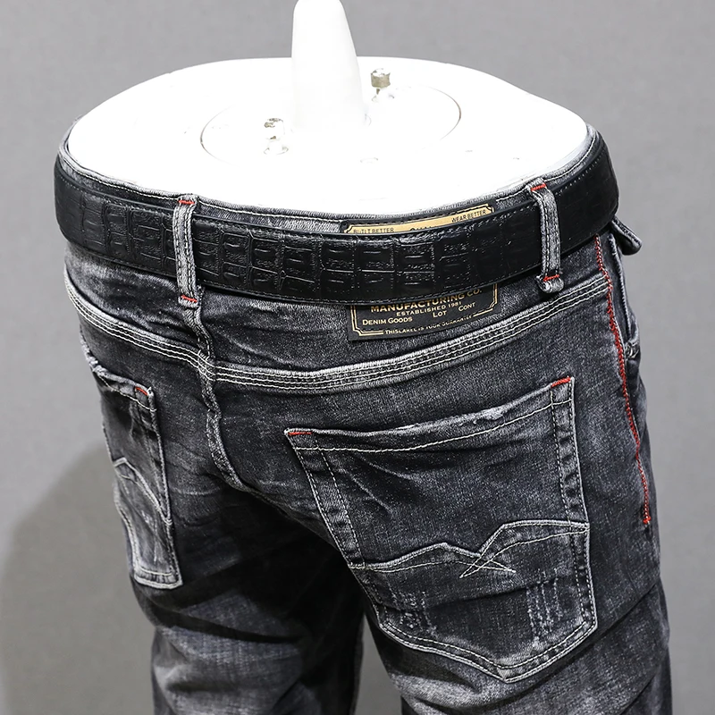 Italian Style Fashion Men Jeans Retro Black Gray Stretch Slim Fit Ripped Jeans Men Vintage Designer Casual Denim Pants Hombre