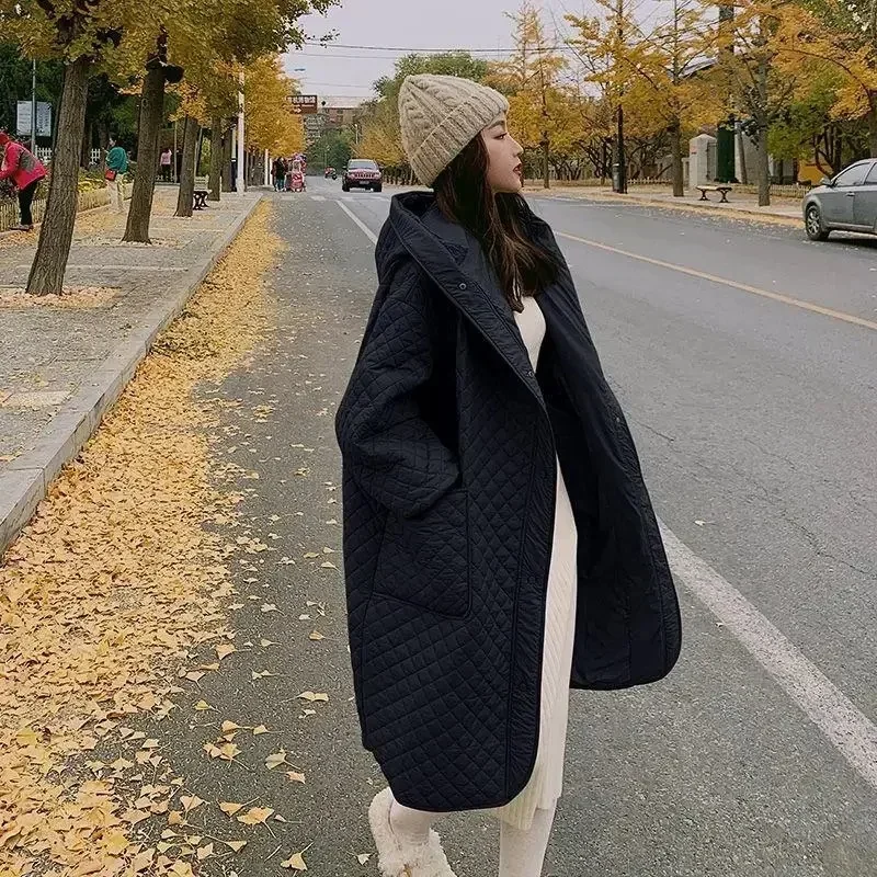 Checkered Hooded Cotton Jacket for Women's Mid Length 2023 New Autumn/winter Loose Fitting Fashionable Lightweight  WED-1987