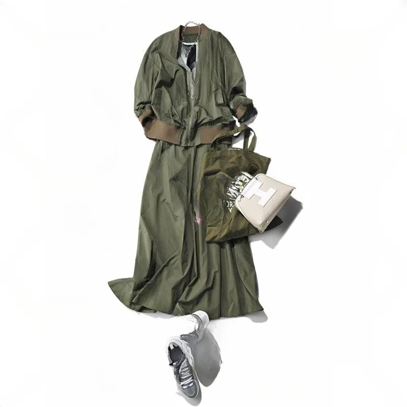 

Women Two Piece Sets Skirt Set Full Sleeve Coats Ribbed Neck Elastic Waist Skirts A Line High Waist Y2k Streetwear Zipper Spring
