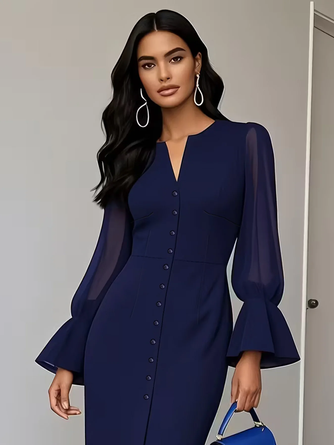 

Women's Navy Blue V-Neck Midi Dress, Button-Front Chiffon Bell Sleeve Ruffled Hem Bodycon Gown for Office Cocktail Party Elegant