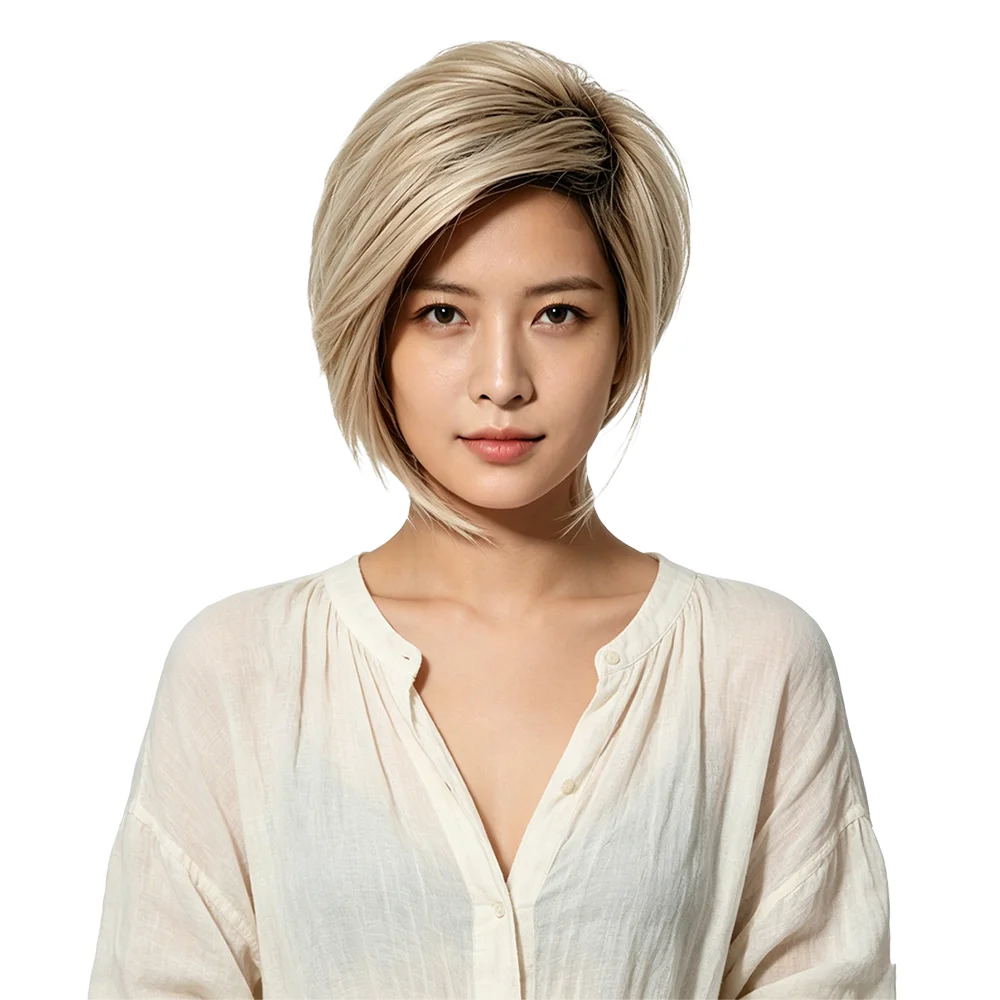Side Part Light Ash Blonde Ombre Short Layered Wig Dark Brown Roots Pixie Cut Bob Wig Soft No Tangling Easy Care Heat Resistant
