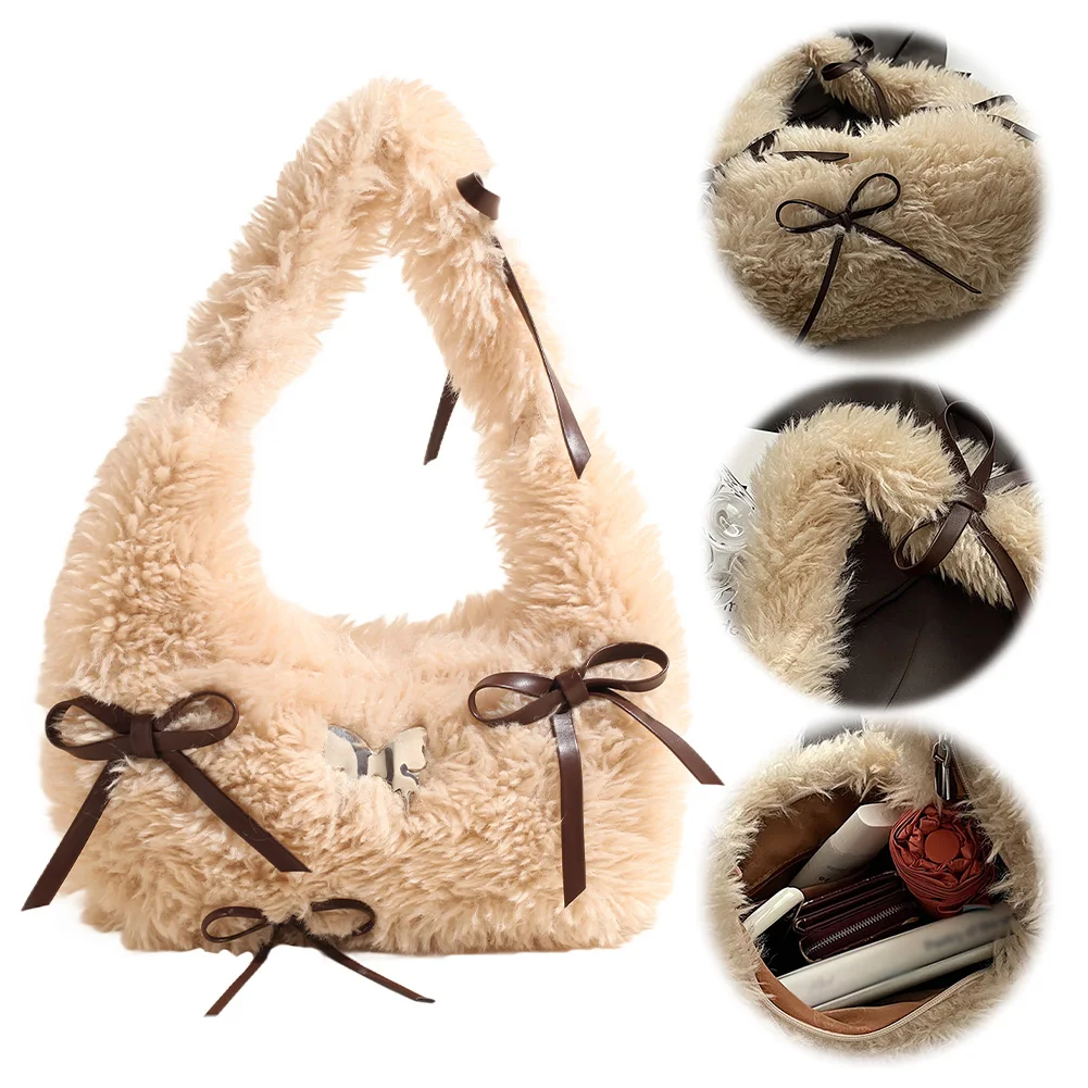 Women Plush Shoulder Bag with Zipper Clutch Purse with Interior Pocket Fluffy Purse Hobo Bag Work Travel Bag