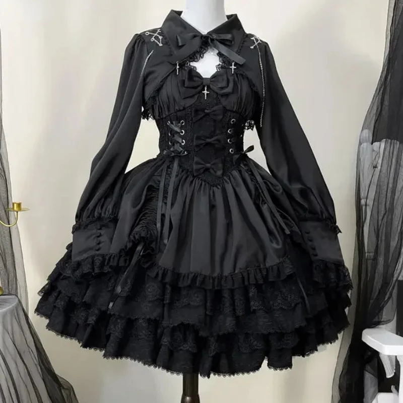 Japońska wiktoriańska gotycka sukienka Lolita kobiety w stylu Punk słodka koronkowa kokarda sukienki wieczorowe Harajuku Y2k Cosplay Princess Dress