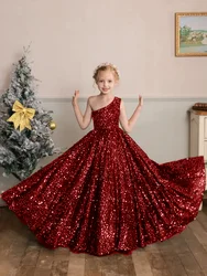 Flower Girl Dresses Burgundy Puffy Sequin Single Shoulder For Wedding Birthday Party Banquet Princess Gowns