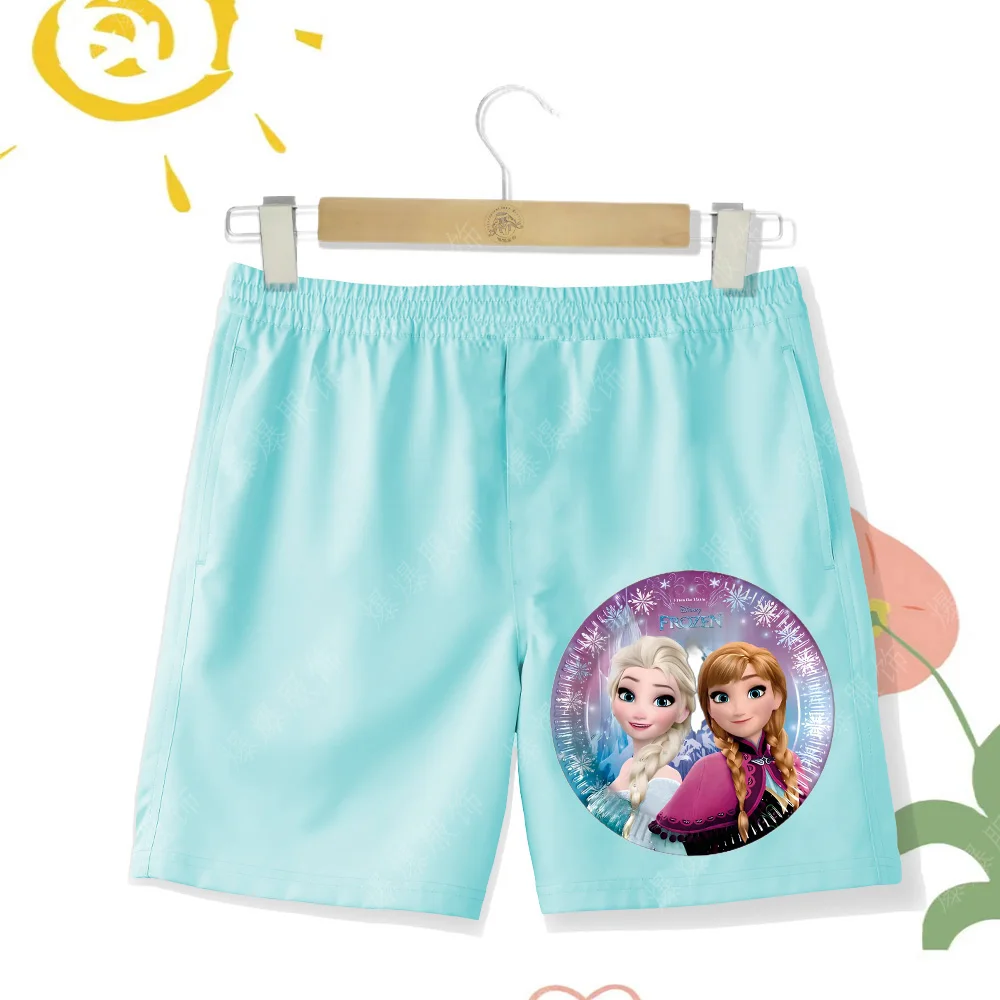 Ice and Snow Two Sisters Princess Children's anime Printed beach Shorts Summer Casual Sports Shorts Disney Girls Beach Shorts