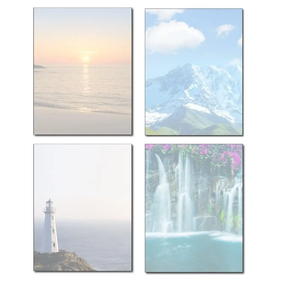 

Набор канцелярских принадлежностей Scenic Stationery Variety - 4 красивых дизайна - 80 листов - Многоцветные с изображениями маяка, водопада, гор и заката над океаном.