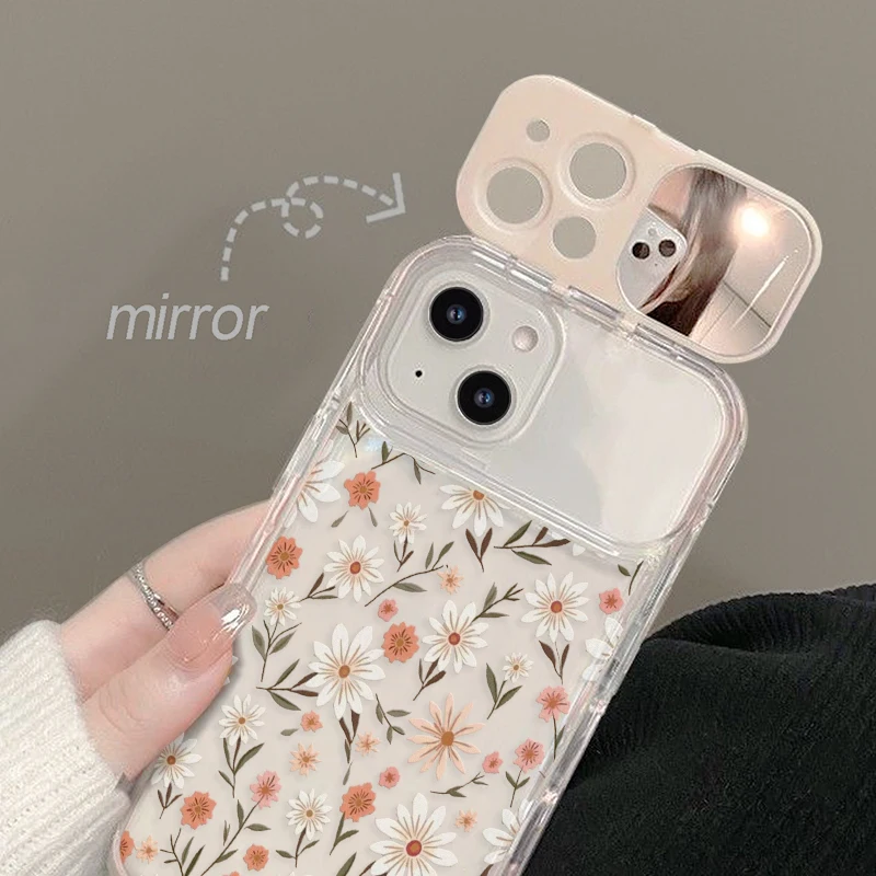 Flip Lens Mirror Phone Case Vintage Daisy Floral Print Clear Transparent Cover For iPhone 17 16 15 14 13 12 11 Pro Max view 2