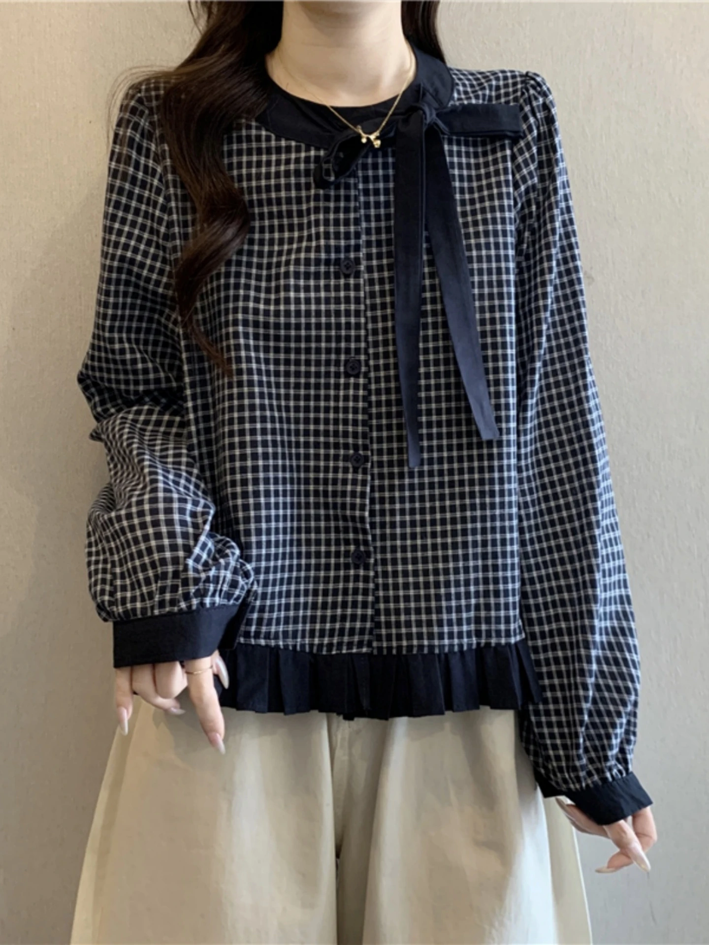 

Retro Plaid Long Sleeve Base Shirt Women Spring Autumn New Large Size Fat MM Slimming Bow Knot Top French Style Straight Cut