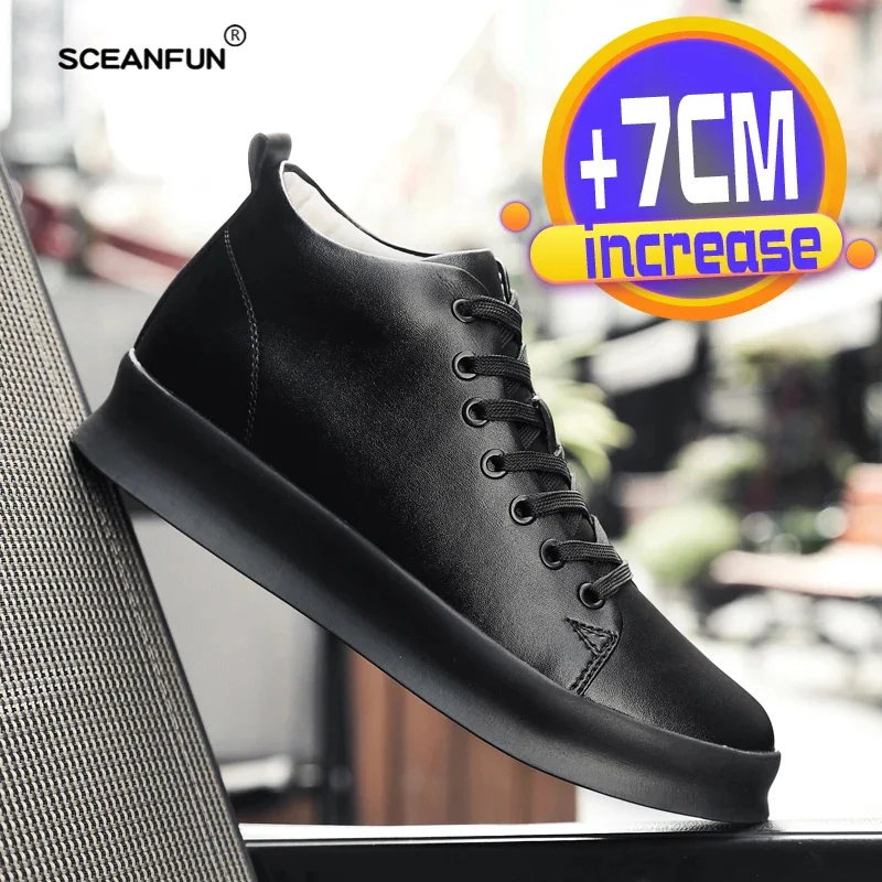 Echtes Leder, unsichtbar, höhenvergrößernd, 7 cm, weiß, Herren-Board, ELevator, Designer-Sport, Freizeit-Sneaker, Skateboard-Schuhe
