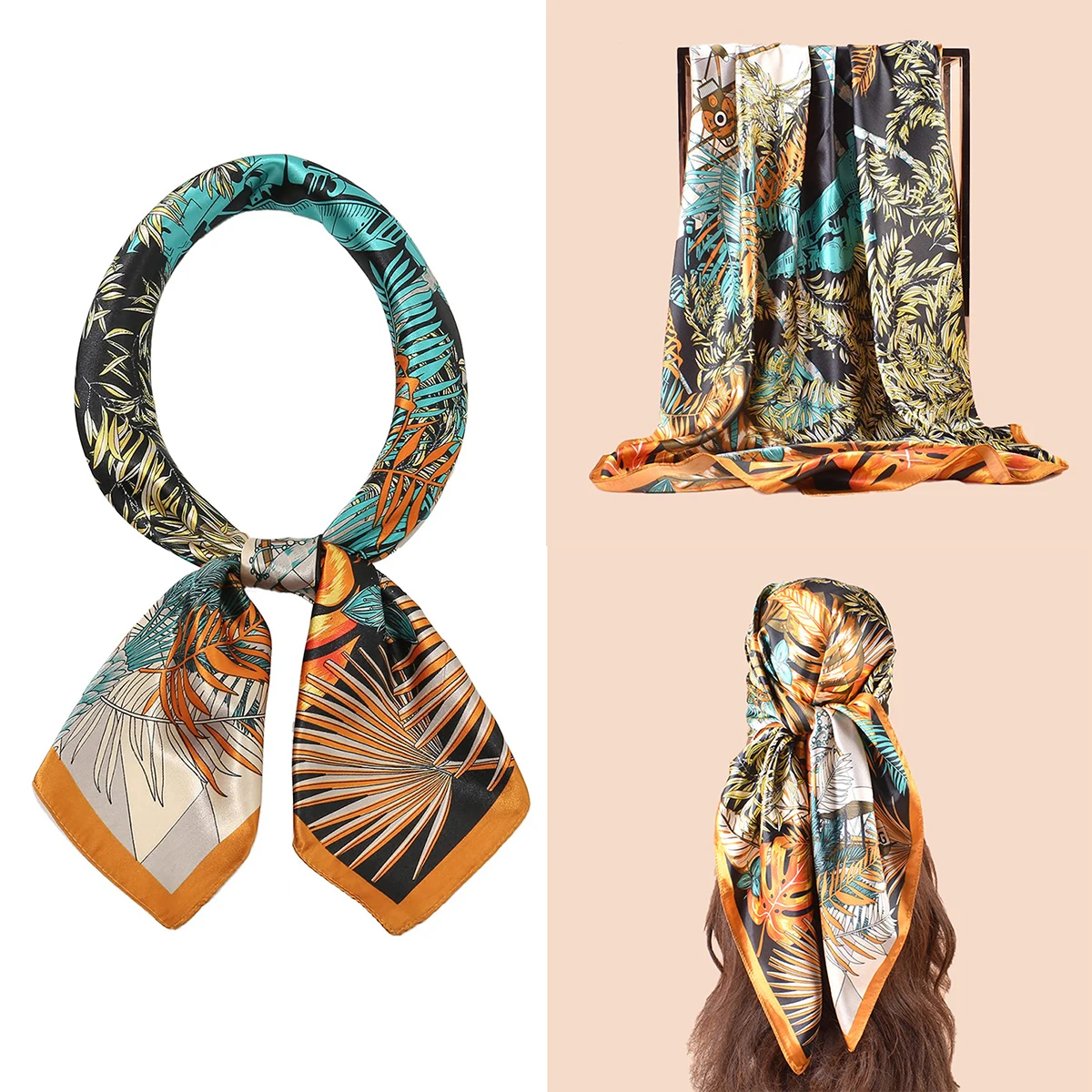 Women\'s Headband Faux Silk Scarf Turban Botanical Print Decorative Turban Square Neck Scarf Thanksgiving christmas Gift