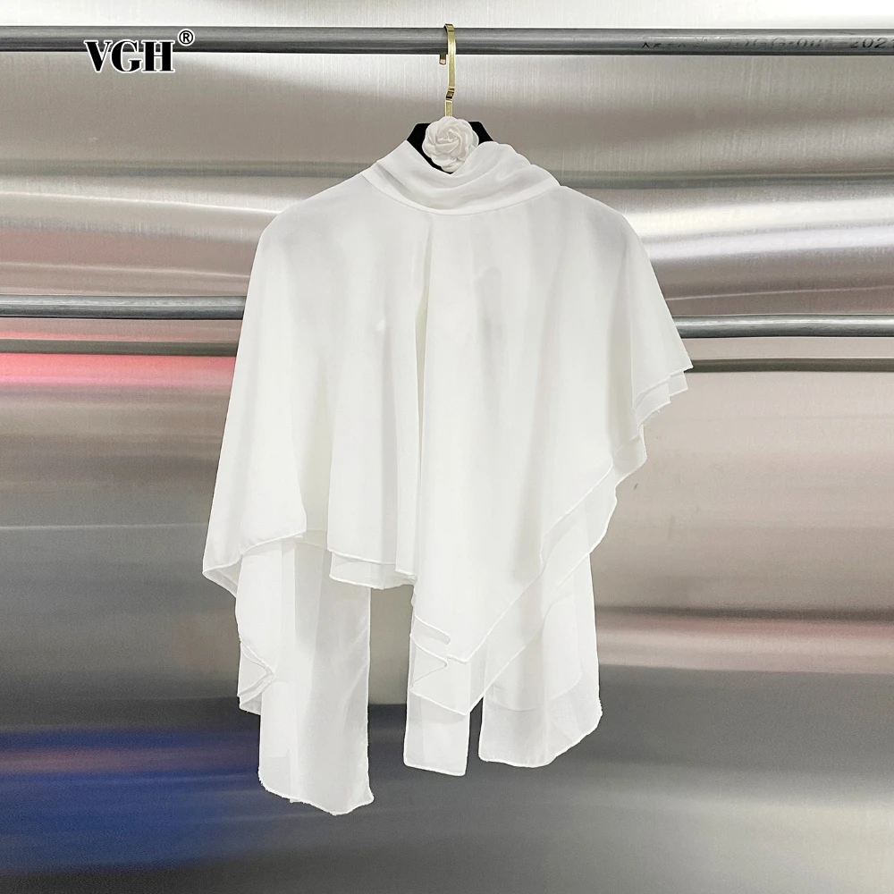 

VGH Solid Asymmetrical Cape Type Shirts for Women Scarf Collar Sleeveless Oversize Temperament Shirt Female New Clothing Style