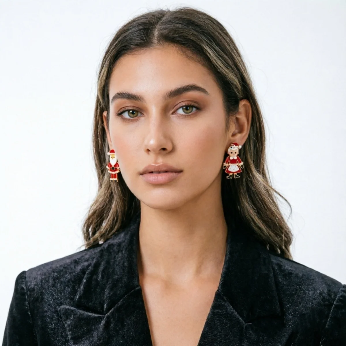 Kreative asymmetrische Ohrstecker mit Weihnachtsmann und Weihnachtsfrau mit langen Beinen für Damen, Imitationsperlen, Weihnachtsfiguren-Ohrringe, Schmuck – Detail 21