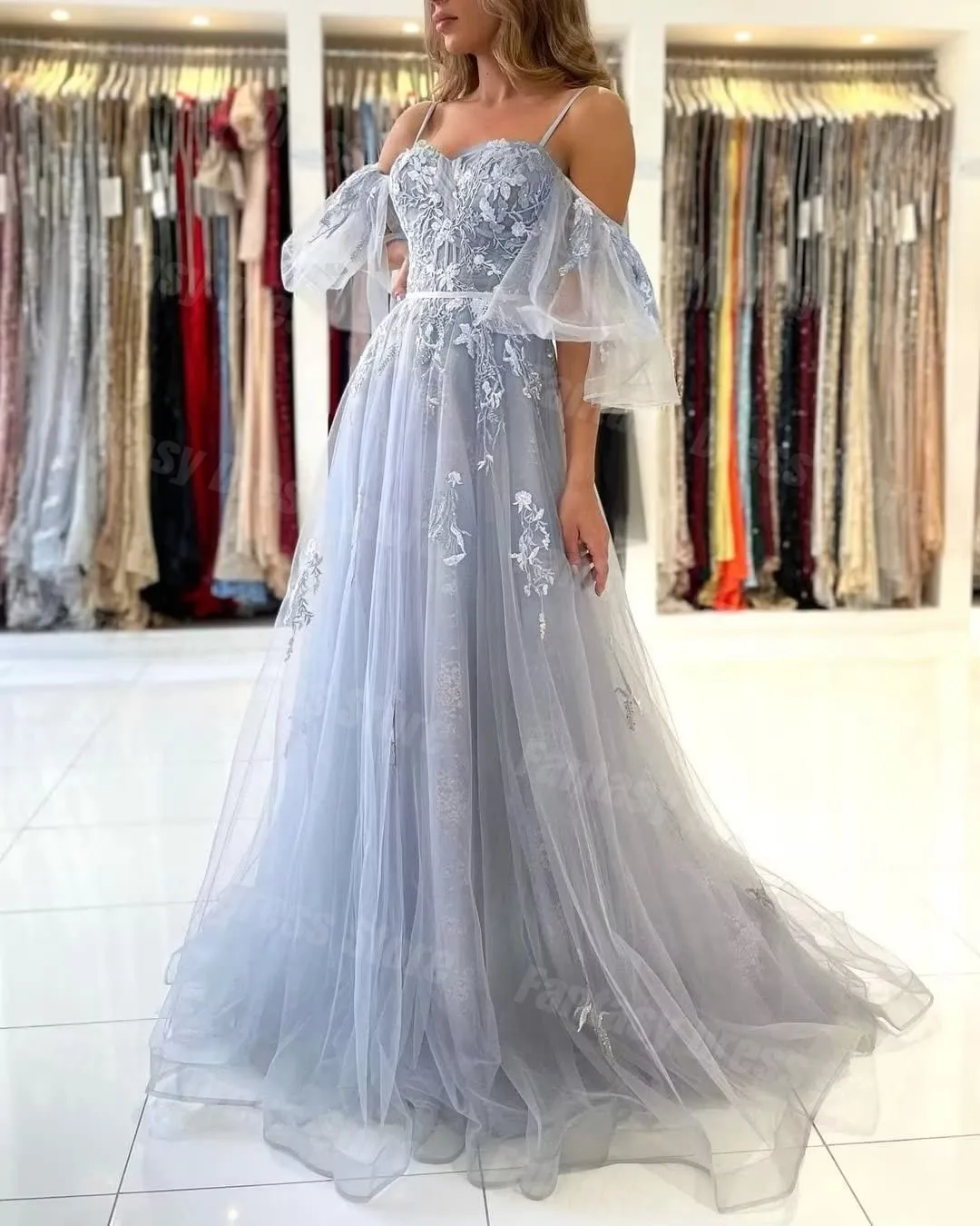 Charming Silver Tulle A-line Evening Dresses Flower Decal Italian Noodle Strap Sweetheart Porm Dresses For Womenفساتين السهرة