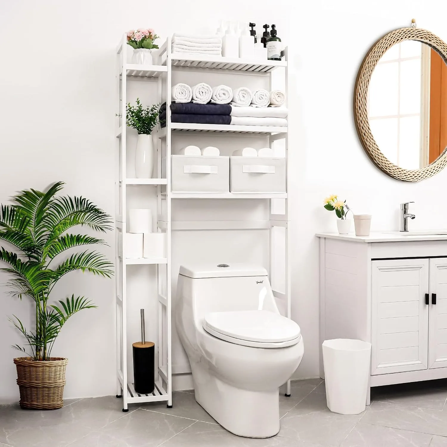 Over The Toilet Storage w/ Basket & Drawer, Bamboo Bathroom Organizer，Waterproof Feet Pad,,White