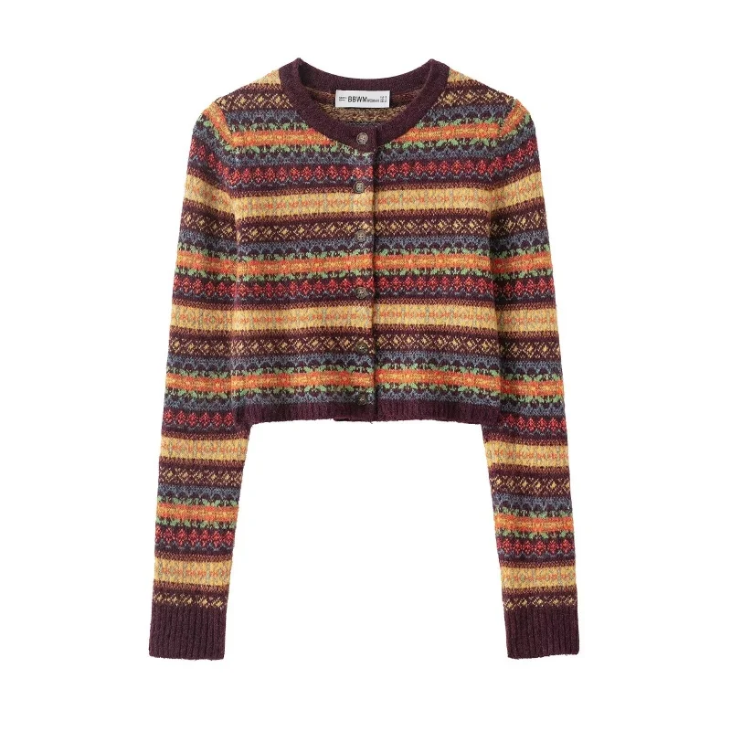 

Autumn Geometric Pattern Long Sleeve Jacquard Knitted Short Coat Women Slimming Buttons Decoration Sweater Female Casual Wear