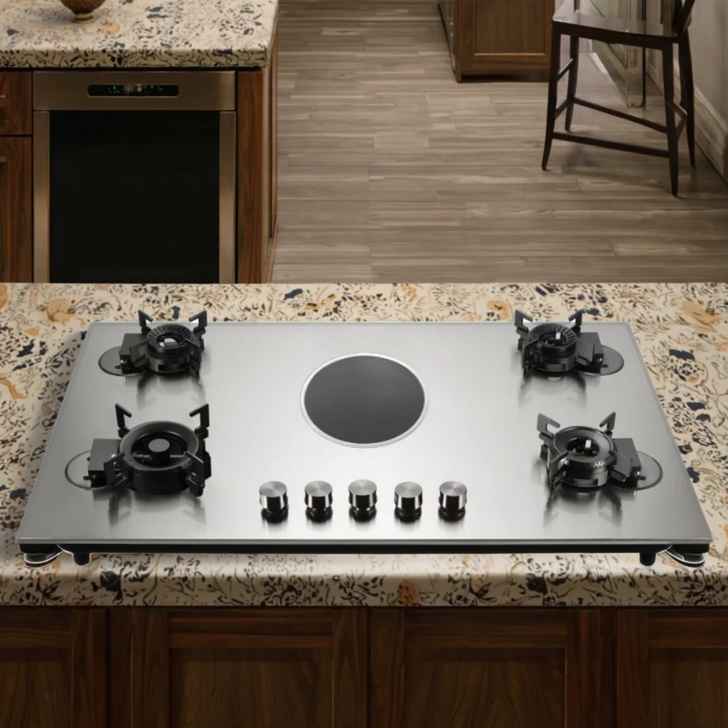 Stainless Steel Four Gas and One Electric Built in Gas Stove with Flip Burner for Home Use