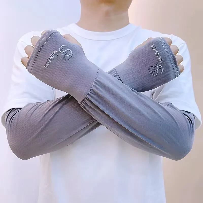 Mangas de brazo de seda de hielo para hombre UPF 50+ protección solar fresco transpirable para conducir ciclismo verano al aire libre