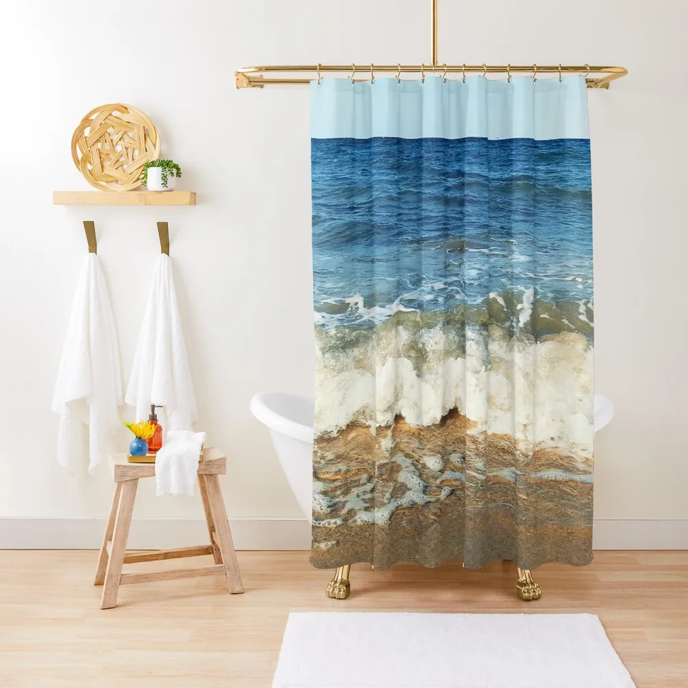 

Calm Blue Ocean Waves And Sky White Foam On Beach Sand Shower Curtain Bathroom Fabric Bathroom Deco Curtain
