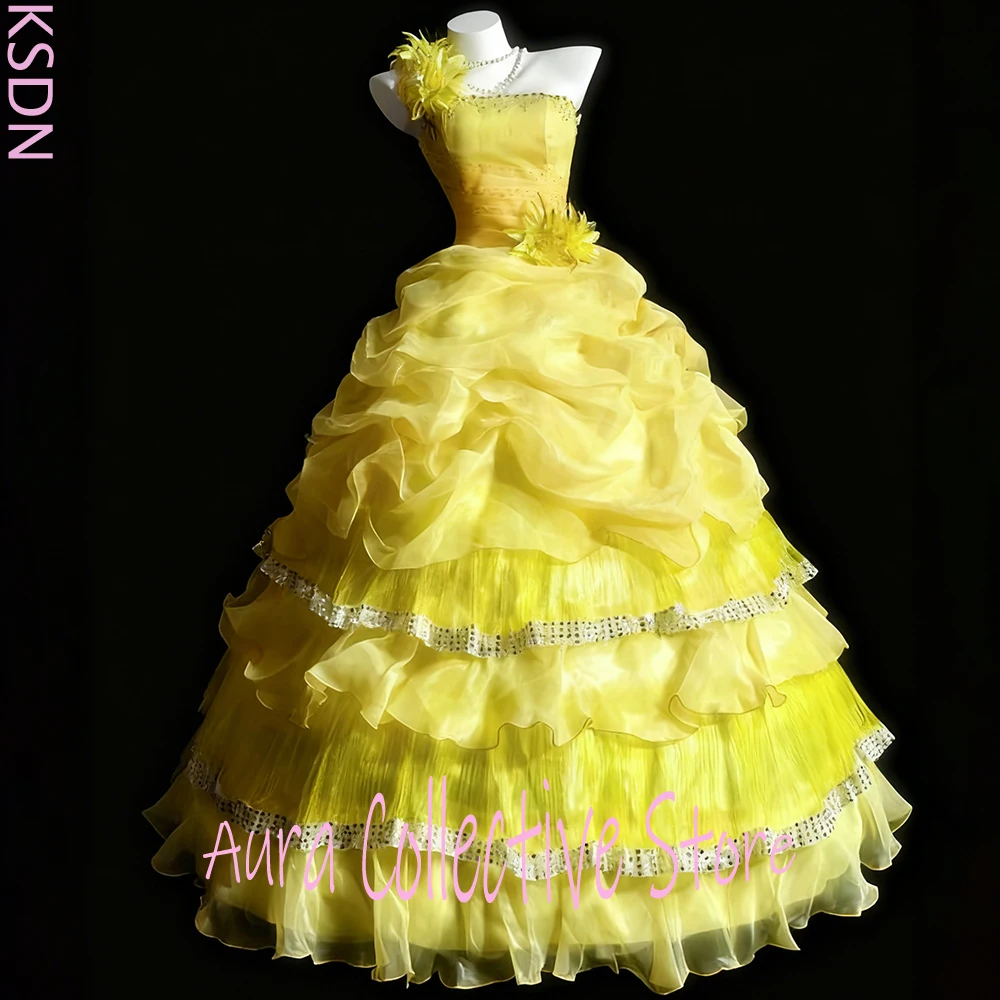 

Yellow One-shoulder Women Ball Gown with Tiered Ruffled Layers & Sequined Trims Sleeveless Floral Accents Luxuious Prom Dress