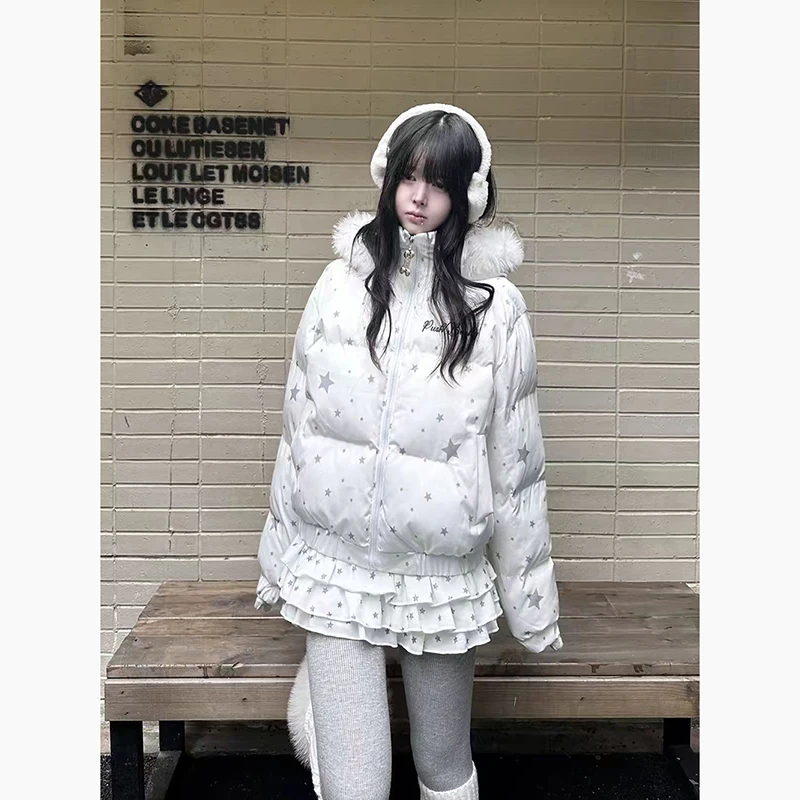 Cute Thick Hooded Parkas Women Winter Star Print Fur Collar Long Sleeve Warm Zipper Puffy Coat Loose Casual Sweet Kawaii Outwear