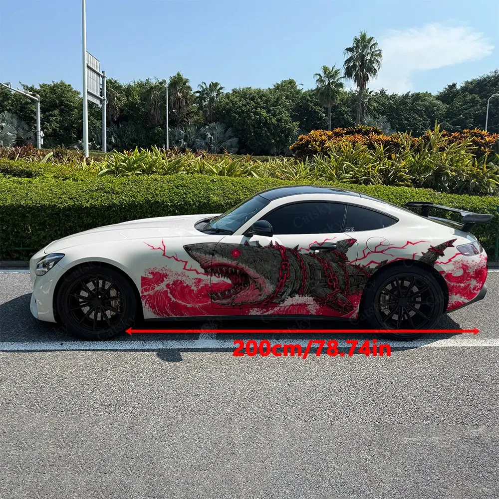 2pcs Red Lightning Shark Car Side Wraps, Self-Adhesive PVC Waterproof & Scratch-Resistant Stickers, Car Accessory Gift