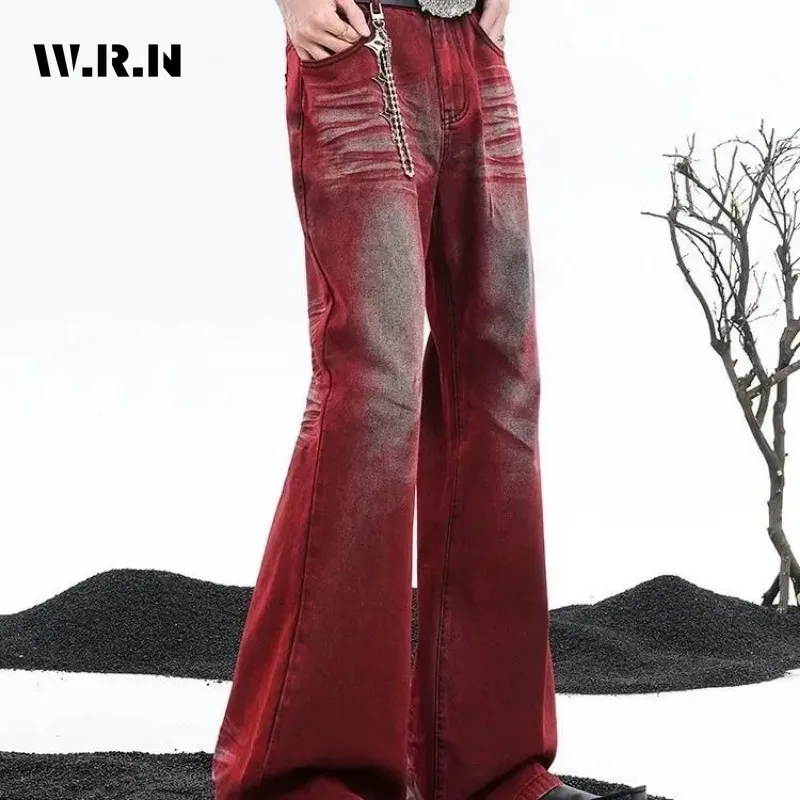 

American Retro Y2K Washed Punk Grunge Street Jean Red Hip-hop Baggy Mop Pants Women's Emo Full Length Casual Goth Denim Trouser