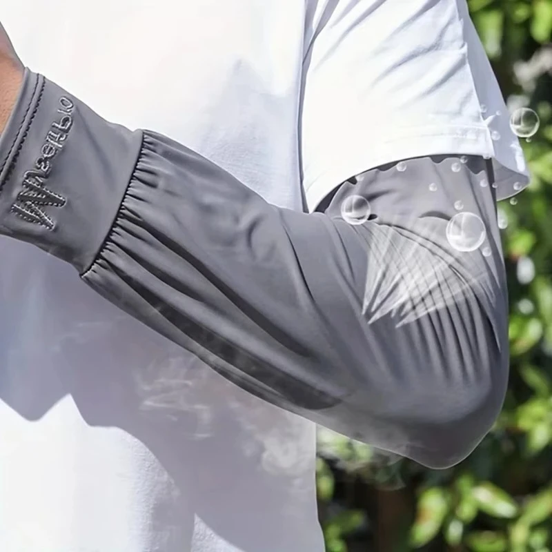 1 Pair Men's Ice Silk Arm Sleeves UPF50+ UV Protection Cooling Breathable Elastic Driving Sleeves with Hand Cover Outdoor Sports