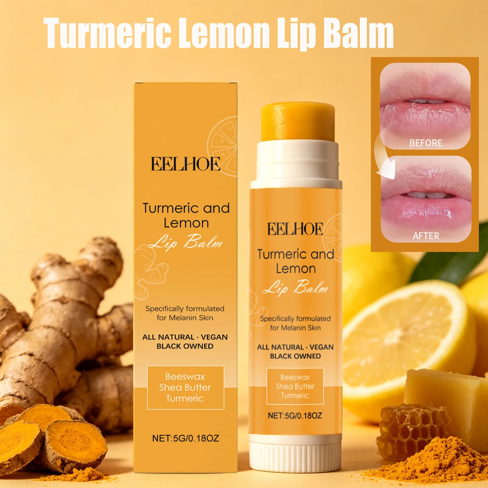 Turmeric Lemon Lip Balm Brightening Moisturizing Softens Lip Skin Protective Lip Care Cream for Dry Chapped Lips Daily Hydrating
