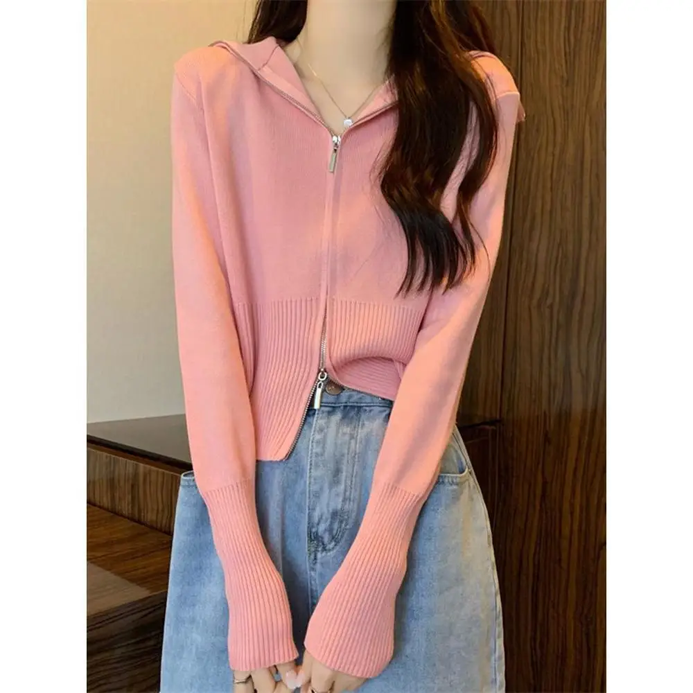 Lapel Collar Women New Double Zipper Lapel Collar Knitting Cardigan Spring Office Lady Solid Color All-match Shoulder Tops