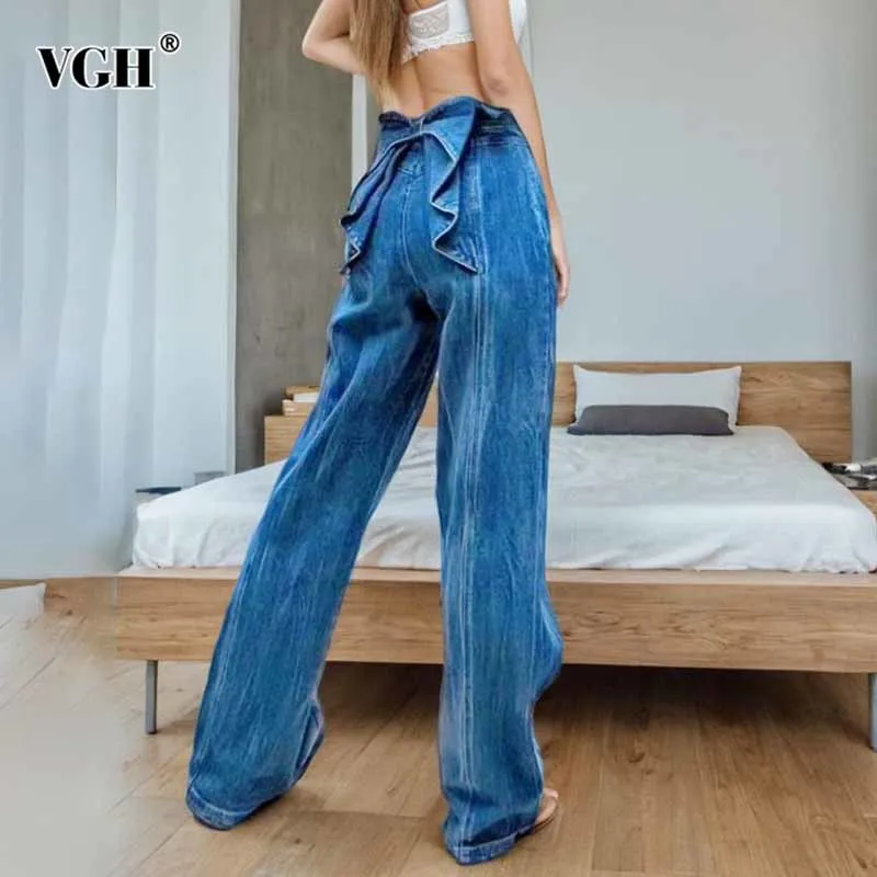 VGH Solid Patchwork Bowknot Denim Trousers For Women High Waist Spliced Button Minimalist Casual Wide Leg Pants Female Fashion