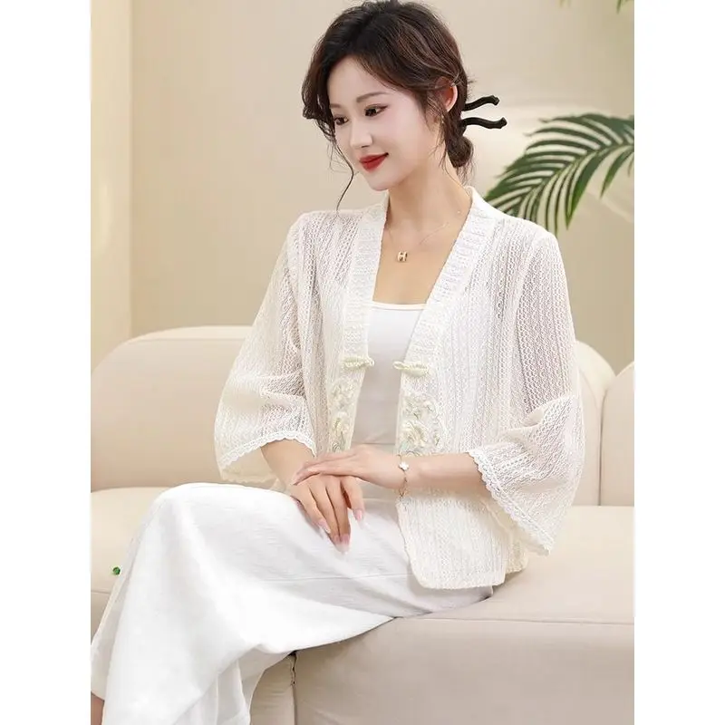 New Chinese Style Thin Sun Protection Outerwear Cardigan Artistic Simple Matched Loose Version V-neck Hollow out Design