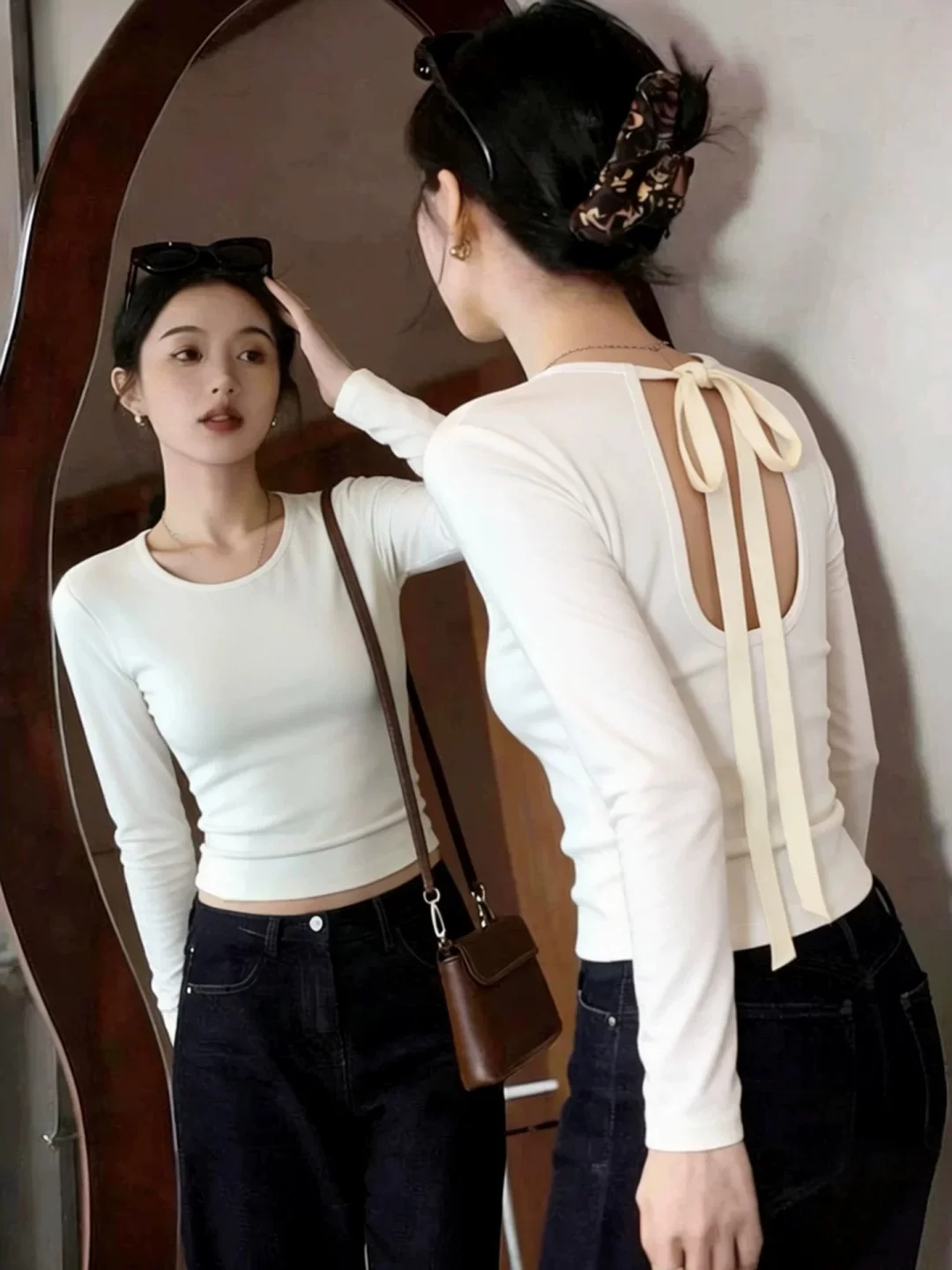 Slim Fit Long Sleeve T-Shirt Women's Style U-Neck Backless Tie Design Breathable Sweat Absorbent Short Length Fashionable Top